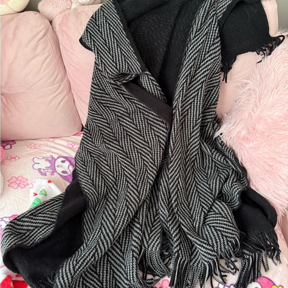 Black and Gray Herringbone Fringe Shawl